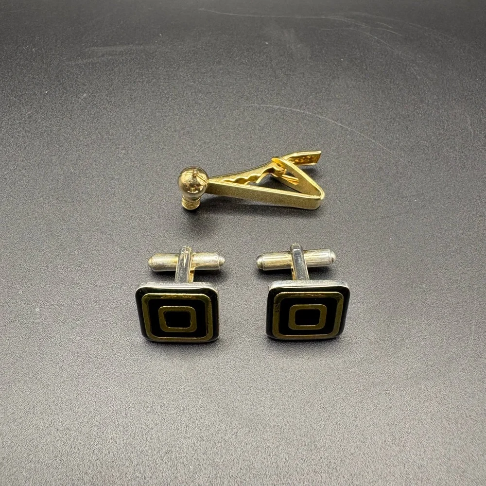 Vintage Black Enamel Gold Tone Cufflinks Tie Tack Set Mid Century Mens Formal